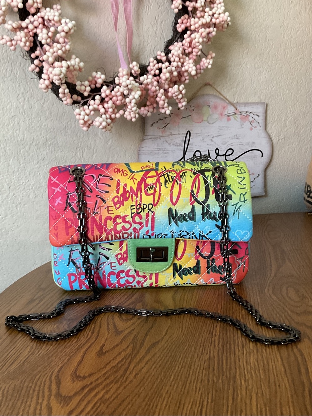 Colorful Graffiti Quilted Shoulder Bag - Pink Blue Yellow